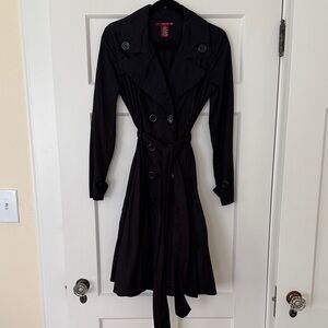 Black Double-Breasted Belted Trench Coat with Swing Skirt, Size Small